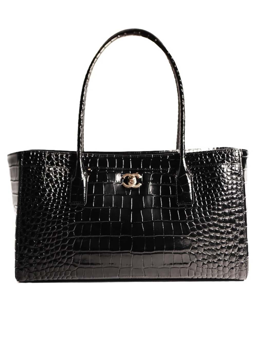 Rare!!  Chanel 2026 Black Croc-Embossed Calfskin & Gold-Tone Medal Tote Bag